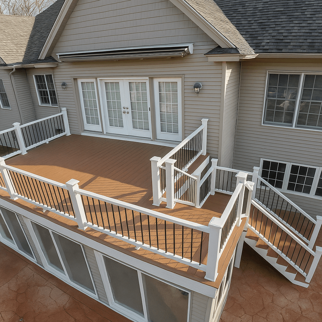Second-story deck with warm brown composite flooring, white railings with black balusters, and wide stairs leading down to the patio below.